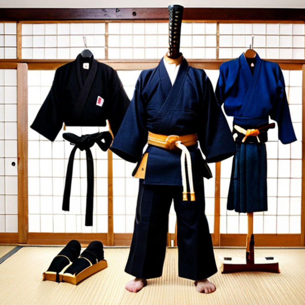 **Kendo Gear Overview**: "An organized display of Kendo equipment including a Kendogi (uniform), Hakama (trousers), Bokken (wooden sword), and Men (helmet), showcasing their features and proper fit in a dojo setting."
