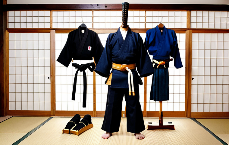 **Kendo Gear Overview**: "An organized display of Kendo equipment including a Kendogi (uniform), Hakama (trousers), Bokken (wooden sword), and Men (helmet), showcasing their features and proper fit in a dojo setting."