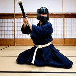 **Image:** A Kendo practitioner in full Bogu (protective gear), striking powerfully with a Shinai during practice in a modern German Dojo. The focus is on the energy and precision of the strike. Capture the blend of traditional Japanese martial art within a contemporary German setting.