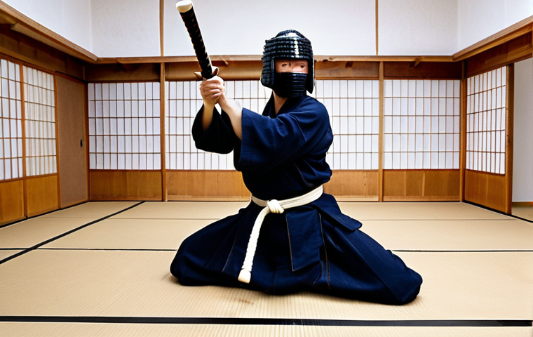 **Image:** A Kendo practitioner in full Bogu (protective gear), striking powerfully with a Shinai during practice in a modern German Dojo. The focus is on the energy and precision of the strike. Capture the blend of traditional Japanese martial art within a contemporary German setting.