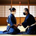 **

A kendo sensei in a traditional dojo, kneeling and gently guiding a young student with a shinai. Focus on the sensei's kind eyes and patient demeanor. Warm, inviting lighting. The background is slightly blurred to emphasize the interaction. Include elements like a kendo mask (men) and training weapons in the background.

**
