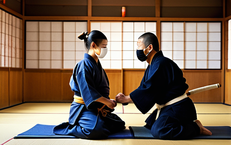 **
A kendo sensei in a traditional dojo, kneeling and gently guiding a young student with a shinai. Focus on the sensei's kind eyes and patient demeanor. Warm, inviting lighting. The background is slightly blurred to emphasize the interaction. Include elements like a kendo mask (men) and training weapons in the background.
**