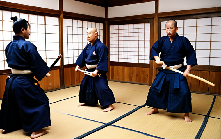 A Kendo training scene in a traditional Japanese Dojo. Focus on the intensity and discipline of the practitioners wearing full Kendo armor (Men, Do, Kote, Tare). Capture the motion blur of a Shinai strike and the focused expressions of the participants. Emphasize the traditional aspects of Japanese culture.