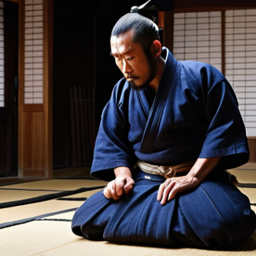 Home 23 A contemplative and focused Kendoka in full traditional bogu, mid-stance within a dimly lit, traditional dojo. The image should capture the essence of mental clarity (mushin) and unwavering spirit (fudo-shin), emphasizing the serene yet intense concentration on their face. Subtle light highlights the intricate details of their equipment, conveying the depth of self-mastery and inner discipline inherent in Kendo. The atmosphere is quiet and respectful, highlighting the spiritual journey of the martial art.