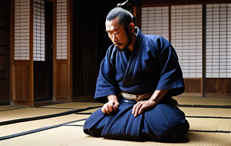 A contemplative and focused Kendoka in full traditional bogu, mid-stance within a dimly lit, traditional dojo. The image should capture the essence of mental clarity (mushin) and unwavering spirit (fudo-shin), emphasizing the serene yet intense concentration on their face. Subtle light highlights the intricate details of their equipment, conveying the depth of self-mastery and inner discipline inherent in Kendo. The atmosphere is quiet and respectful, highlighting the spiritual journey of the martial art.