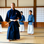 A professional Kendo Sensei, an experienced adult, dressed in a traditional Keikogi and Hakama, fully clothed, professional dress, appropriate attire, stands in a modern, well-lit Kendo dojo, demonstrating a precise technique to a small group of attentive adult students also in Keikogi and Hakama. The students observe with focus and respect, ready to emulate the movement. The dojo environment is clean, spacious, with a polished wooden floor, reflecting a disciplined and dedicated training atmosphere. professional photography, safe for work, appropriate content, modest, perfect anatomy, correct proportions, natural pose, well-formed hands, proper finger count, natural body proportions, high quality image.
