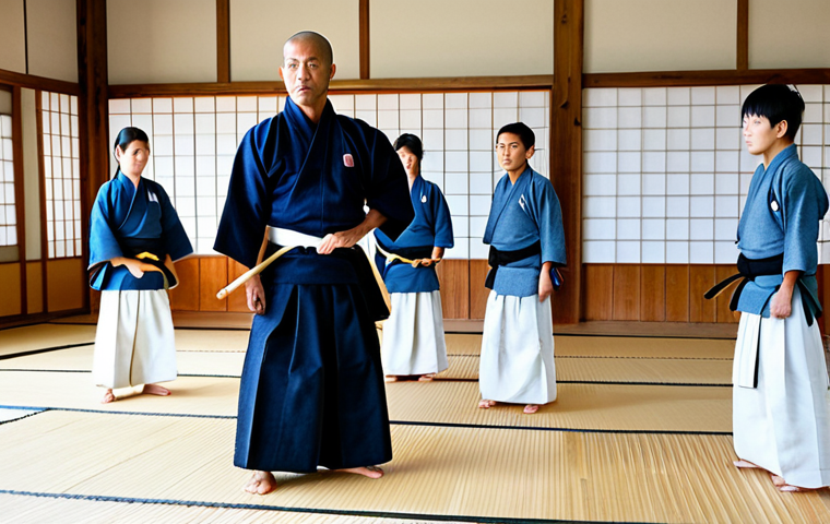 A professional Kendo Sensei, an experienced adult, dressed in a traditional Keikogi and Hakama, fully clothed, professional dress, appropriate attire, stands in a modern, well-lit Kendo dojo, demonstrating a precise technique to a small group of attentive adult students also in Keikogi and Hakama. The students observe with focus and respect, ready to emulate the movement. The dojo environment is clean, spacious, with a polished wooden floor, reflecting a disciplined and dedicated training atmosphere. professional photography, safe for work, appropriate content, modest, perfect anatomy, correct proportions, natural pose, well-formed hands, proper finger count, natural body proportions, high quality image.