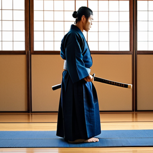 Home 9 A focused Kendo practitioner, male, in a traditional dark blue Keikogi and Hakama, holding a high-quality Shirogashi (Japanese White Oak) Bokken in a natural, ready stance, standing on a polished wooden floor in a traditional Kendo dojo. Soft, natural light illuminates the scene from tall windows, creating a serene and disciplined atmosphere. The Bokken is perfectly balanced and well-maintained. fully clothed, appropriate attire, modest clothing, safe for work, appropriate content, professional dress, family-friendly, perfect anatomy, correct proportions, natural pose, well-formed hands, proper finger count, natural body proportions, professional photography, high quality.