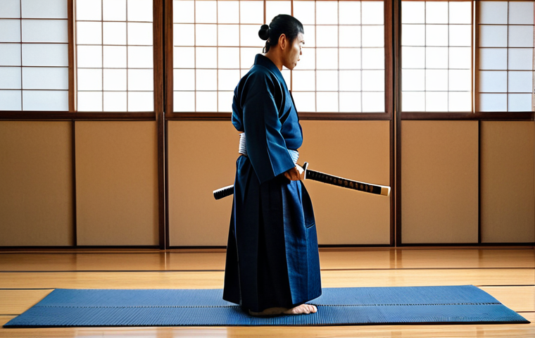 A focused Kendo practitioner, male, in a traditional dark blue Keikogi and Hakama, holding a high-quality Shirogashi (Japanese White Oak) Bokken in a natural, ready stance, standing on a polished wooden floor in a traditional Kendo dojo. Soft, natural light illuminates the scene from tall windows, creating a serene and disciplined atmosphere. The Bokken is perfectly balanced and well-maintained. fully clothed, appropriate attire, modest clothing, safe for work, appropriate content, professional dress, family-friendly, perfect anatomy, correct proportions, natural pose, well-formed hands, proper finger count, natural body proportions, professional photography, high quality.