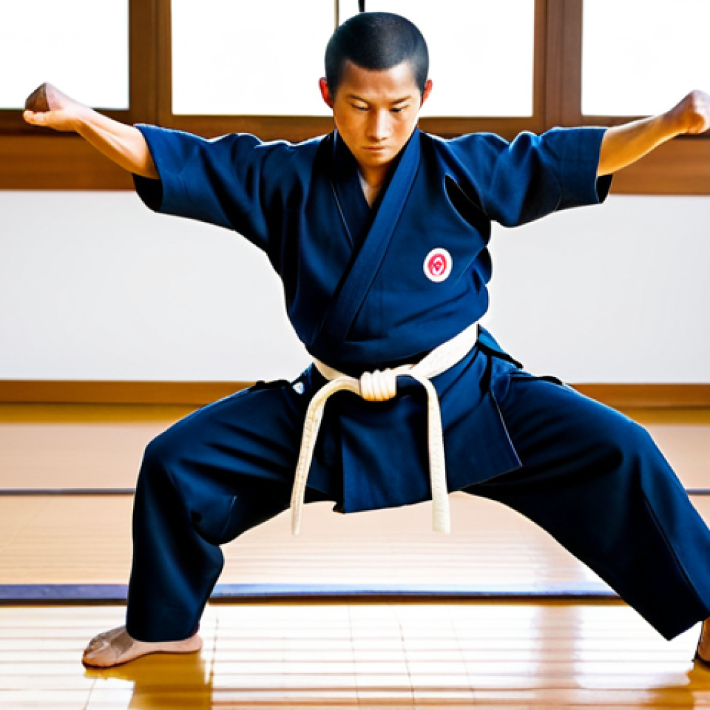 A focused male Kendo practitioner (Kendoka) in a traditional, professional kendogi and hakama, performing dynamic warm-up exercises in a brightly lit dojo. He is mid-motion, executing a precise leg swing or arm circle with fluidity and control. The wooden floor of the dojo is visible, with soft, natural lighting. The image captures the essence of physical preparation and anticipation before a competition. fully clothed, modest clothing, appropriate attire, professional dress, safe for work, appropriate content, family-friendly, perfect anatomy, correct proportions, natural pose, well-formed hands, proper finger count, natural body proportions, professional photography, high quality.