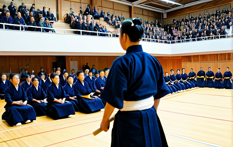 **

"A modern sports center in Germany, hosting a Kendo tournament. Multiple Shiai-jo are visible with intense matches underway. Fully clothed participants in traditional Kendo gear, safe for work, perfect anatomy, natural proportions, professional photography, high quality. Spectators are seated, watching attentively. Include German signage and branding subtly in the background. appropriate attire, modest."

**
