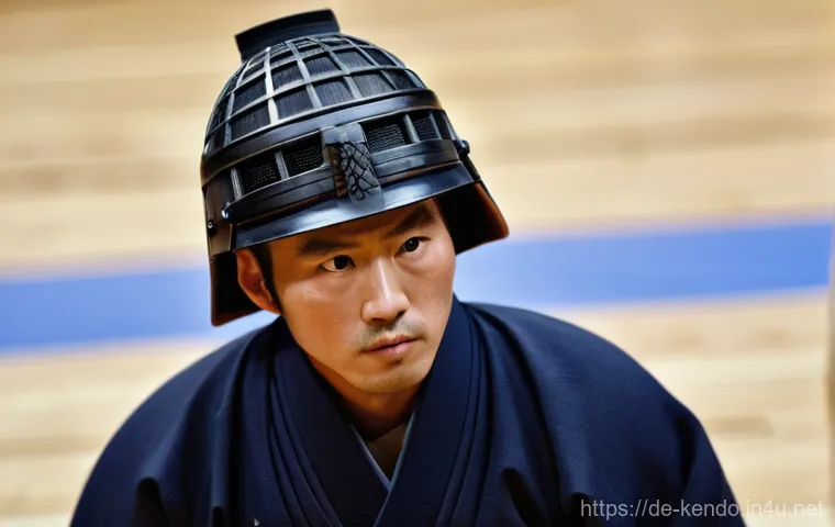 검도 대회 참가 후기 - **Prompt: "A close-up, highly detailed shot of a Kendo practitioner in full traditional *bogu* (prot...