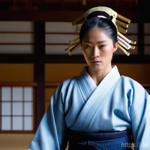 검도 고급 기술 - **Prompt:** A highly focused female Kendo practitioner, mid-twenties, wearing traditional full Kendo...