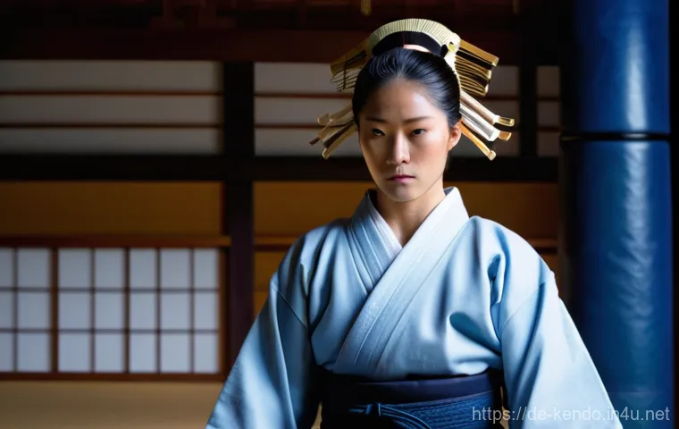 검도 고급 기술 - **Prompt:** A highly focused female Kendo practitioner, mid-twenties, wearing traditional full Kendo...