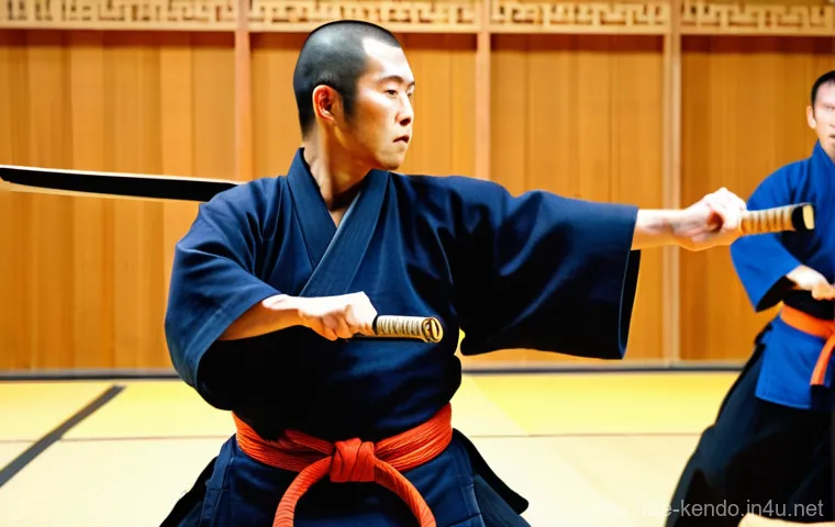 검도 고급 기술 - **Prompt:** Two male Kendo practitioners, one in his late thirties and the other in his early twenti...