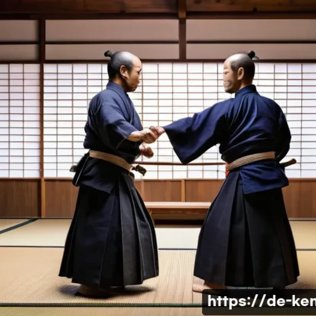 검도 공격 기술 - **A Tense Standoff: The Psychology of Seme in Kendo.**
    A highly detailed, cinematic image of two...