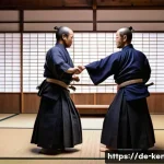 검도 공격 기술 - **A Tense Standoff: The Psychology of Seme in Kendo.**
    A highly detailed, cinematic image of two...