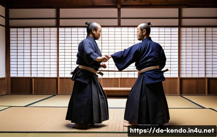 검도 공격 기술 - **A Tense Standoff: The Psychology of Seme in Kendo.**
    A highly detailed, cinematic image of two...