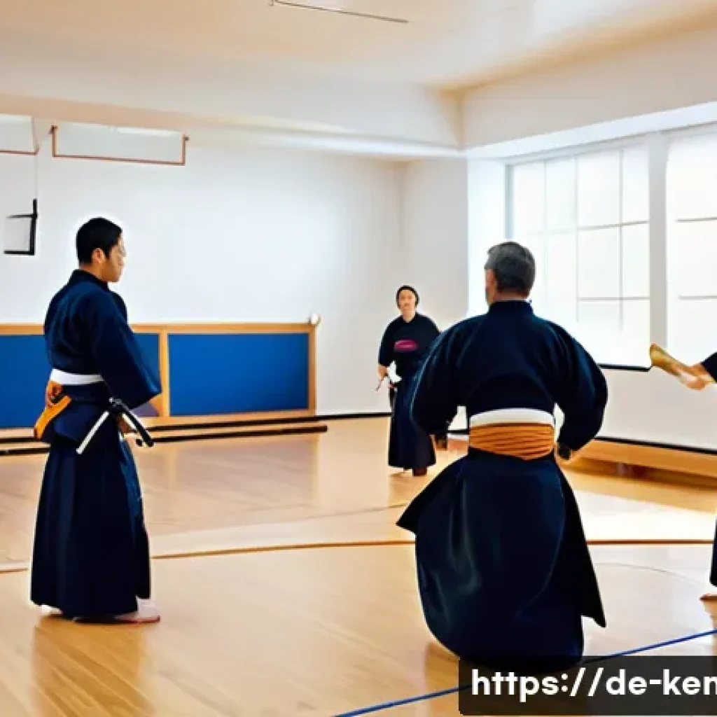 검도 동호회 가입 팁 - A warm and inviting Kendo club training scene in a modern German dojo, showing diverse adult members...