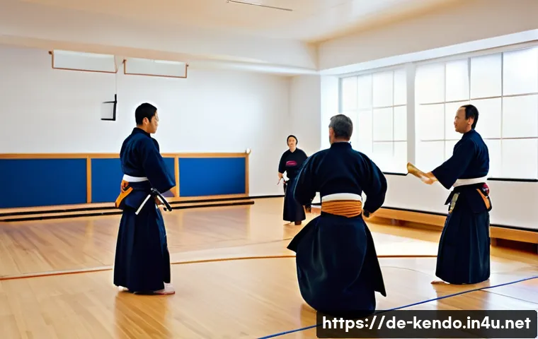 검도 동호회 가입 팁 - A warm and inviting Kendo club training scene in a modern German dojo, showing diverse adult members...