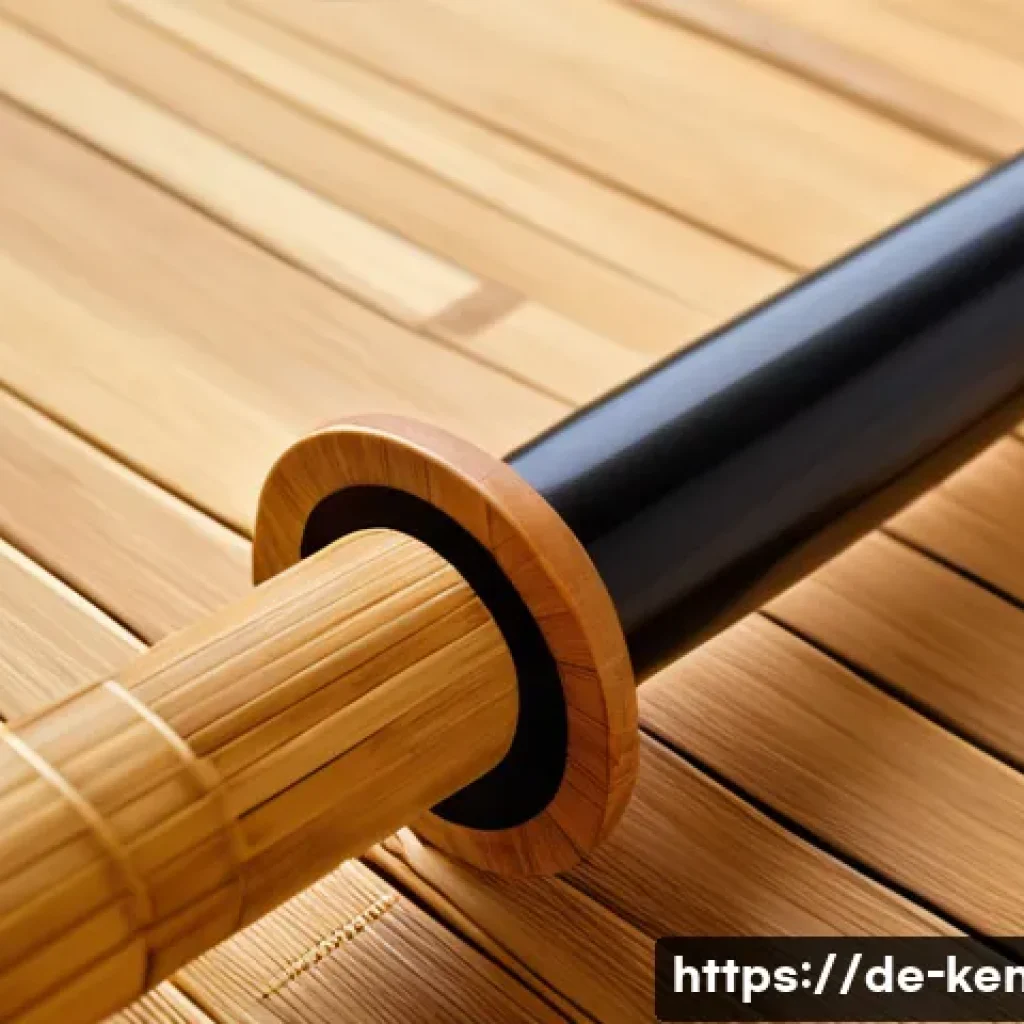 검도 한정판 제품 - A close-up scene of a limited-edition Kendo shinai made from rare, high-quality bamboo, showcasing i...