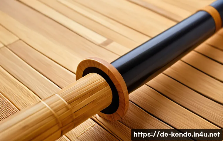 검도 한정판 제품 - A close-up scene of a limited-edition Kendo shinai made from rare, high-quality bamboo, showcasing i...