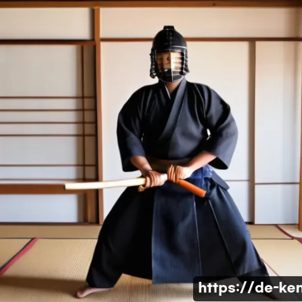 검도 기초 수업 리뷰 - A focused young adult male practicing Kendo indoors in a traditional Japanese dojo setting, wearing ...