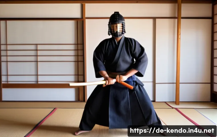 검도 기초 수업 리뷰 - A focused young adult male practicing Kendo indoors in a traditional Japanese dojo setting, wearing ...