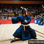 검도 국제 대회 참가 팁 - A dynamic scene of a male Kendo athlete in full traditional bogu armor, including men, do, tare, and...
