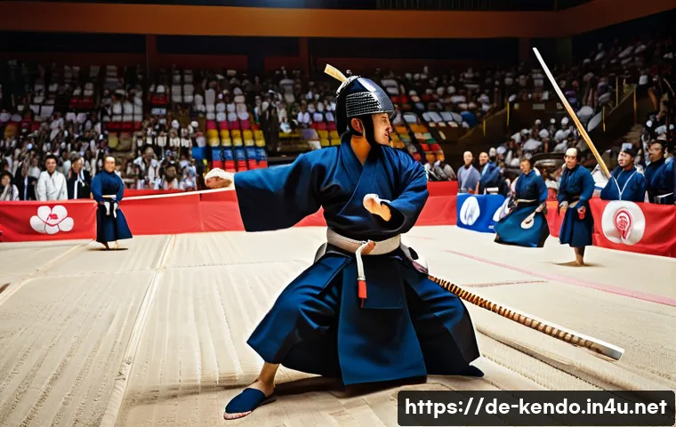검도 국제 대회 참가 팁 - A dynamic scene of a male Kendo athlete in full traditional bogu armor, including men, do, tare, and...