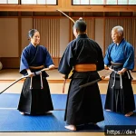 검도 가족 수련 추천 - A warm, dynamic scene of a multigenerational German family practicing Kendo together inside a tradit...