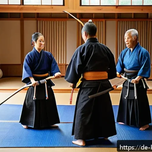 검도 가족 수련 추천 - A warm, dynamic scene of a multigenerational German family practicing Kendo together inside a tradit...