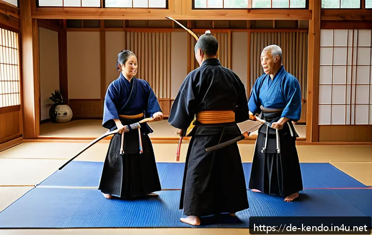 검도 가족 수련 추천 - A warm, dynamic scene of a multigenerational German family practicing Kendo together inside a tradit...