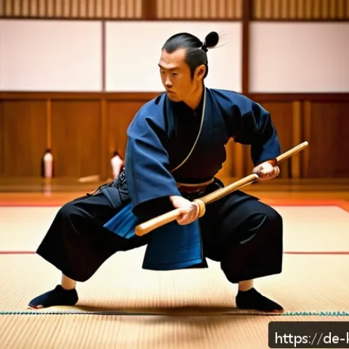 검도 발놀림 훈련 - A dynamic scene of a male kendo practitioner in traditional armor performing an explosive start move...
