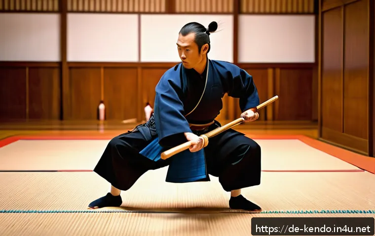 검도 발놀림 훈련 - A dynamic scene of a male kendo practitioner in traditional armor performing an explosive start move...