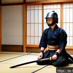 검도와 성취감 - A focused young adult practicing Kendo indoors at a traditional Japanese dojo, wearing full protecti...