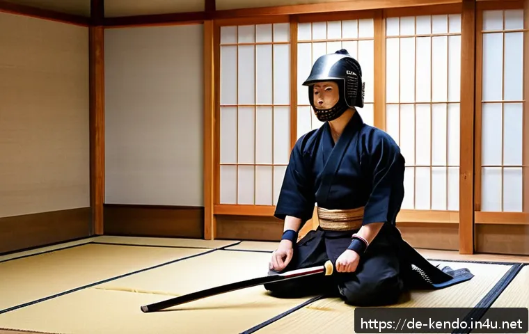 검도와 성취감 - A focused young adult practicing Kendo indoors at a traditional Japanese dojo, wearing full protecti...