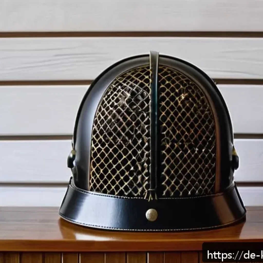 검도 장비 중고 구매 가이드 - A close-up image of a used Kendo Men helmet displayed on a wooden surface, showing detailed craftsma...