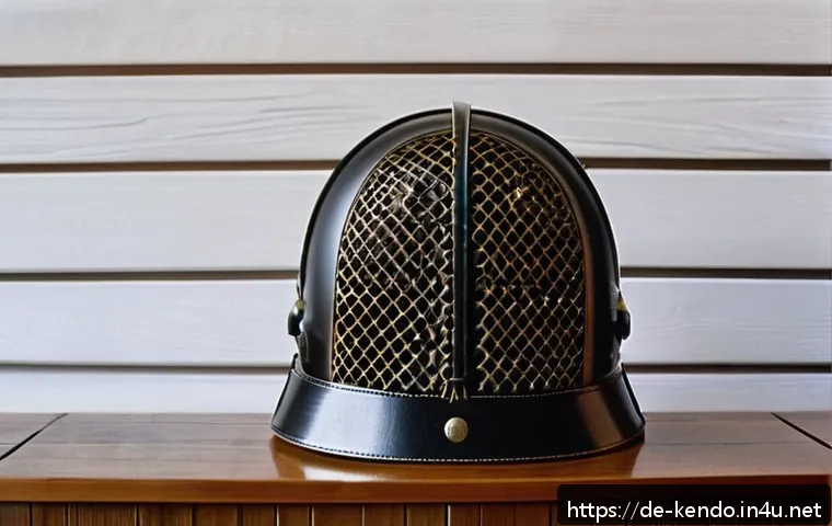 검도 장비 중고 구매 가이드 - A close-up image of a used Kendo Men helmet displayed on a wooden surface, showing detailed craftsma...
