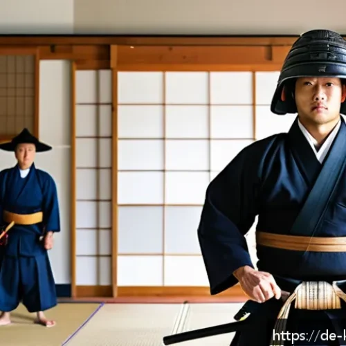 검도에 대한 오해 - A focused Kendo practitioner in traditional keikogi and hakama, wearing full bogu armor including me...