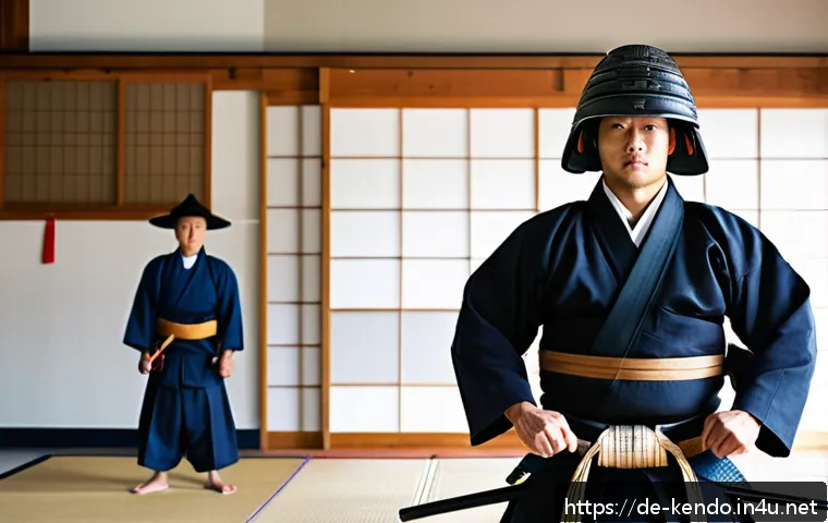 검도에 대한 오해 - A focused Kendo practitioner in traditional keikogi and hakama, wearing full bogu armor including me...