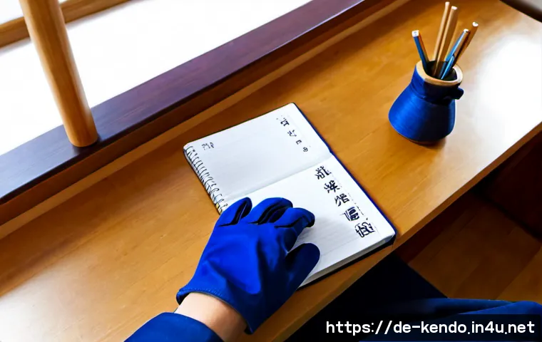 검도 다이어리 제작 - Photorealistic overhead scene of a kendo practitioner creating a training diary at a tidy wooden des...