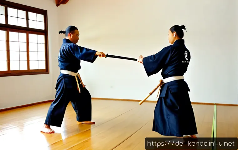검도 초보 실수 - Photorealistic German kendo dojo training scene, adult beginner in full protective kendo armor pract...