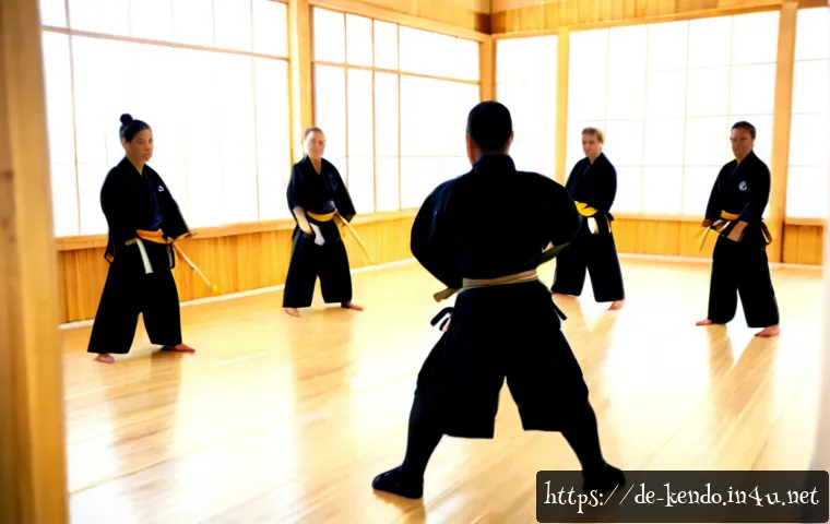 검도 도장 선택 팁 - Photorealistic wide interior of a clean German kendo dojo during an open practice session, adult beg...