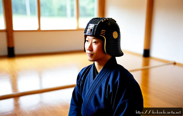 Home 17 검도 수련생 인터뷰 - Photorealistic documentary-style portrait of an adult kendo trainee being interviewed after practice...
